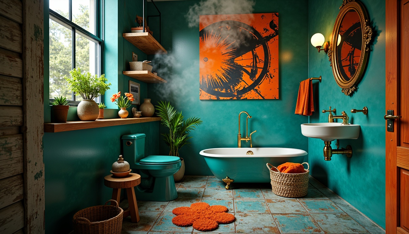 Prompt: Vibrant turquoise bathroom, bold orange accents, rich emerald greenery, ornate golden fixtures, abstract expressionist patterns, distressed ceramic tiles, industrial metal frames, reclaimed wood cabinetry, eclectic vintage decor, moody warm lighting, atmospheric steam effects, shallow depth of field, 1/1 composition, dramatic shadows, high-contrast textures.