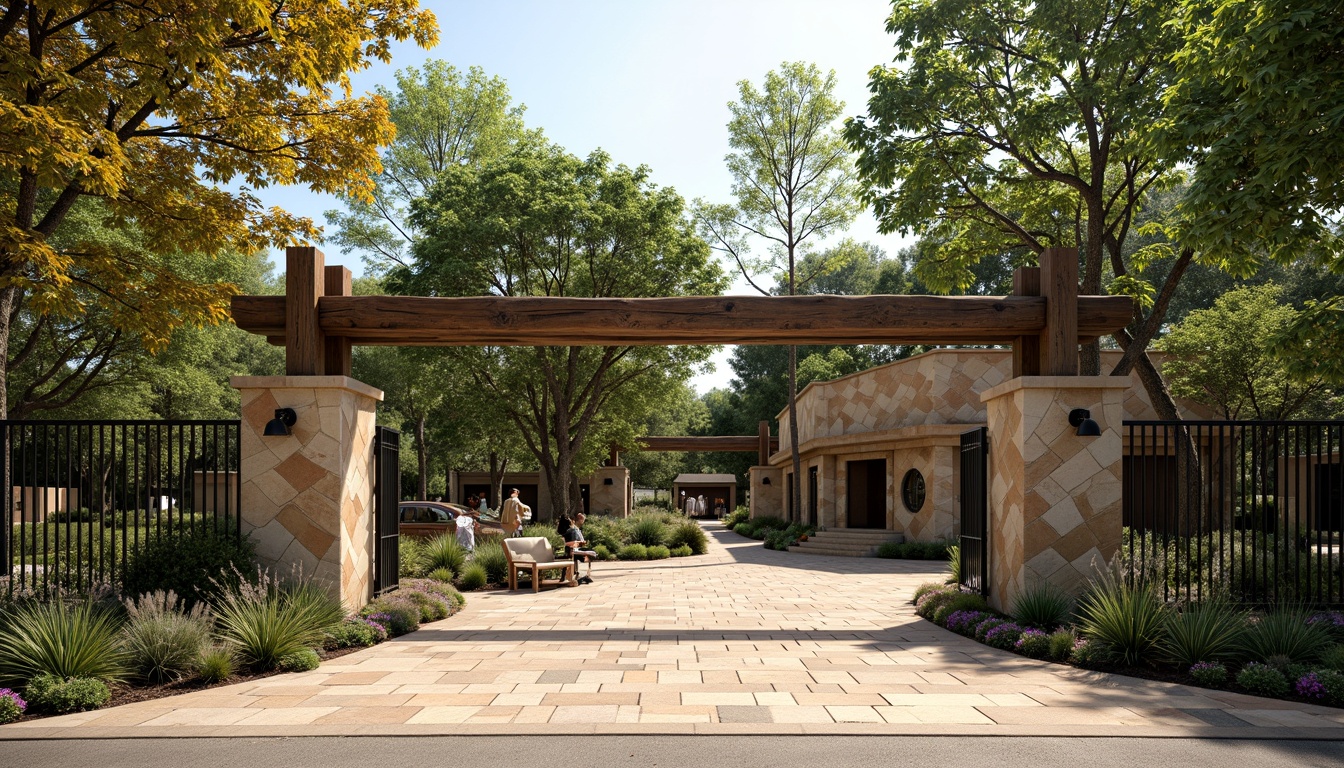 Prompt: Wildlife reserve entrance, rustic wooden gates, natural stone walls, lush greenery, exotic trees, vibrant flowers, animal enclosures, metal railings, wooden fencing, safari-inspired architecture, earthy color palette, organic shapes, natural materials, warm sunlight, soft shadows, 3/4 composition, shallow depth of field, realistic textures, ambient occlusion.