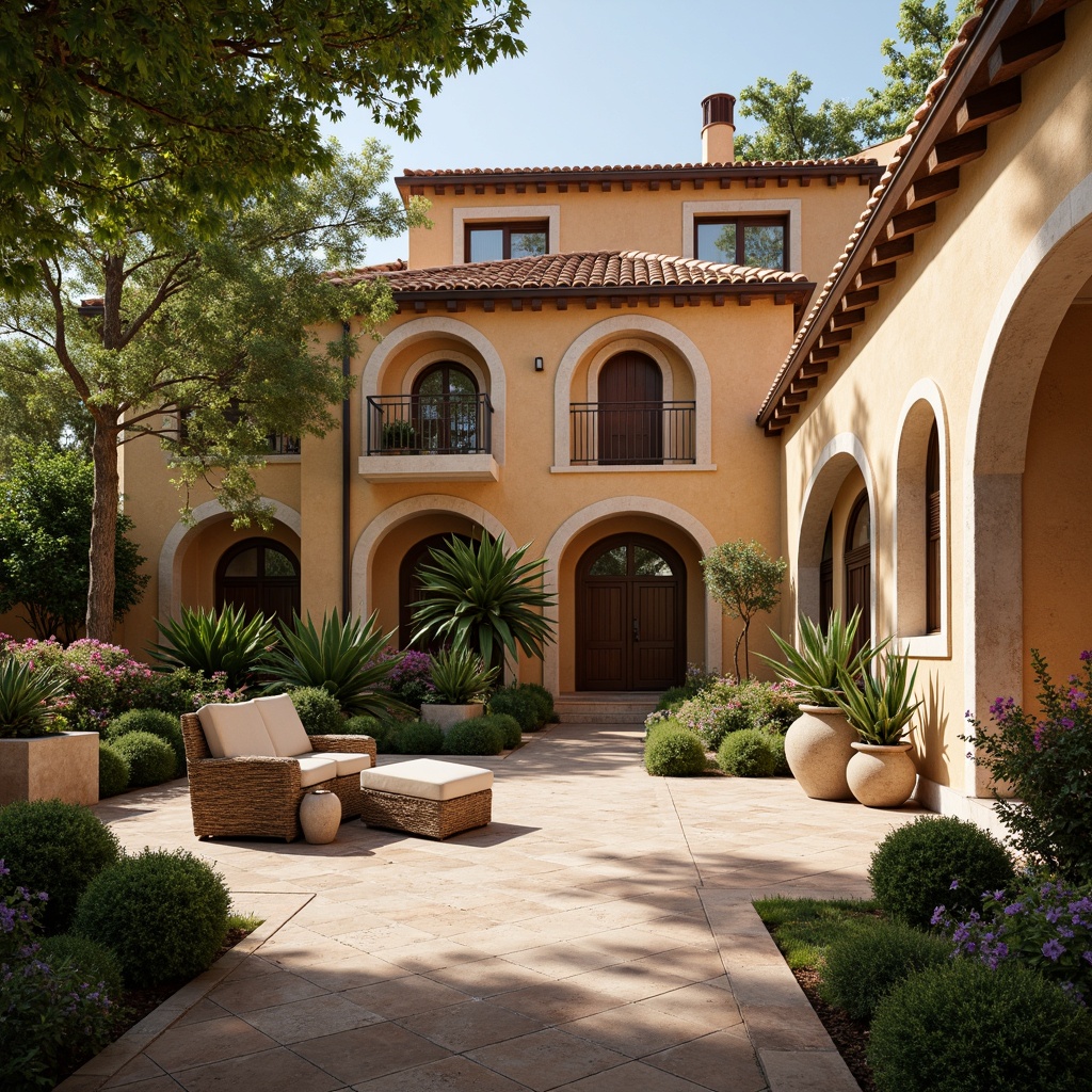 Prompt: Warm Mediterranean villa, curved archways, ornate stone carvings, wrought iron balconies, terracotta roof tiles, rustic stucco walls, lush greenery, blooming flowers, tranquil courtyard, shaded outdoor spaces, soft warm lighting, shallow depth of field, 3/4 composition, realistic textures, ambient occlusion.