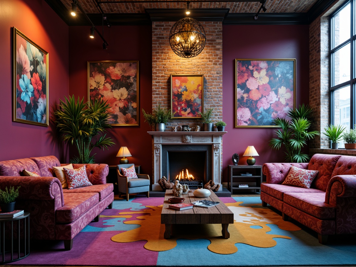 Prompt: Vibrant eclectic interior, bold color blocking, clashing patterns, distressed textures, abstract artwork, statement furniture pieces, curved lines, ornate details, rich jewel tones, deep berry shades, metallic accents, neon highlights, industrial materials, reclaimed wood, exposed brick walls, moody atmospheric lighting, dramatic shadows, cinematic composition, 1/1 aspect ratio, high-contrast rendering.