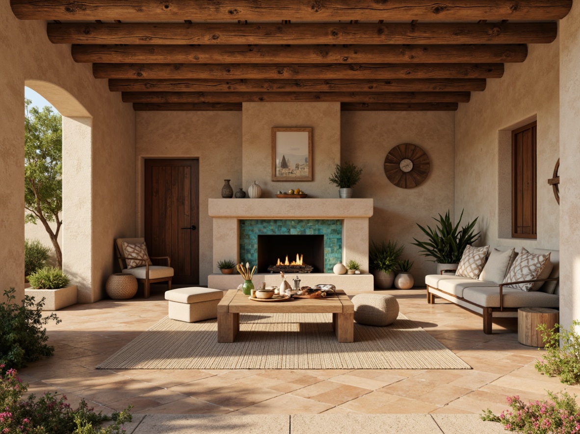 Prompt: Earthy adobe walls, rustic stone facades, weathered wooden planks, distressed brick patterns, rough-hewn limestone surfaces, sandy beige stucco finishes, vibrant turquoise accents, geometric Aztec-inspired tiles, woven wicker textures, natural fiber rugs, soft warm lighting, shallow depth of field, 3/4 composition, realistic earthy tones, ambient occlusion.