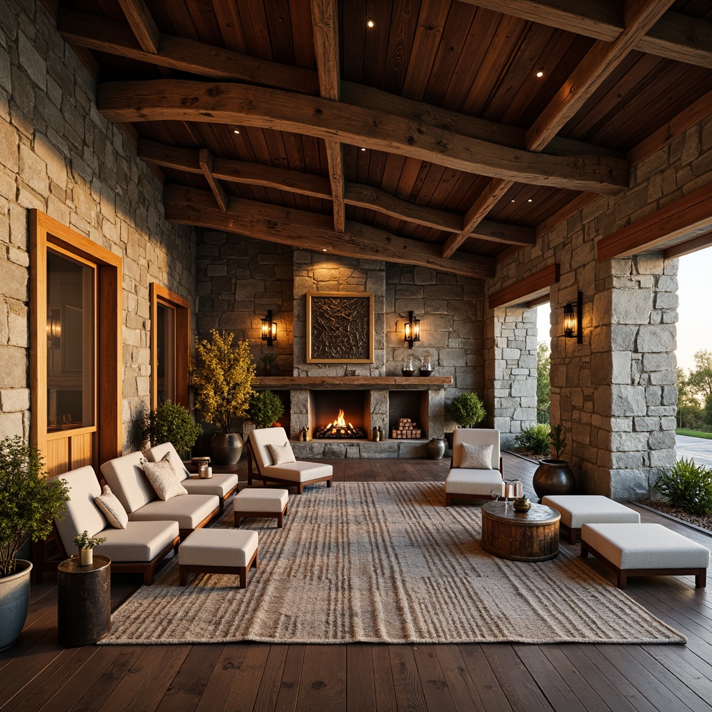 Prompt: Rustic hotel exterior, natural stone walls, wooden accents, earthy tones, distressed wood beams, vintage metal decorations, cozy fireplaces, plush furnishings, woven textiles, earth-toned rugs, wooden flooring, lantern-style lighting, warm ambient glow, soft morning light, shallow depth of field, 3/4 composition, panoramic view, realistic textures, ambient occlusion.