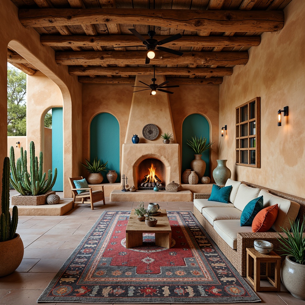 Prompt: Vibrant turquoise accents, rustic wooden beams, earthy adobe walls, colorful woven textiles, intricate geometric patterns, traditional Native American pottery, warm sandy hues, desert botanicals, majestic cacti, dramatic stone fireplaces, cozy alcoves, soft warm lighting, shallow depth of field, 3/4 composition, panoramic view, realistic textures, ambient occlusion.