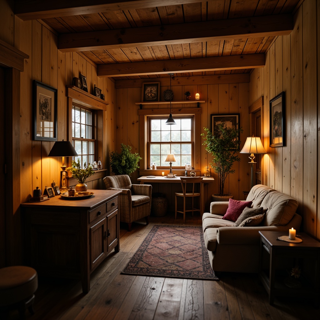 Prompt: Rustic wooden cabin, earthy tones, warm beige walls, vintage furniture, distressed textures, antique decorations, natural materials, candlelight ambiance, soft warm glow, shallow depth of field, 1/2 composition, realistic wood grain, ambient occlusion, cinematic lighting, moody atmosphere, nostalgic feel.