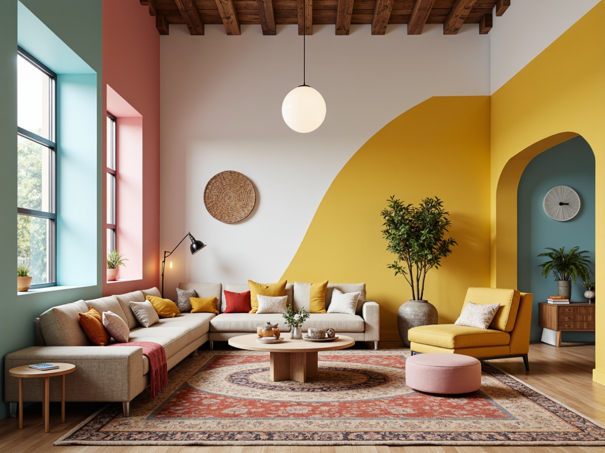 Prompt: Vibrant modern interior, eclectic furniture, bold color blocking, pastel hues, creamy whites, rich wood tones, metallic accents, natural textiles, intricate patterns, ambient lighting, soft shadows, 3/4 composition, shallow depth of field, realistic renderings.