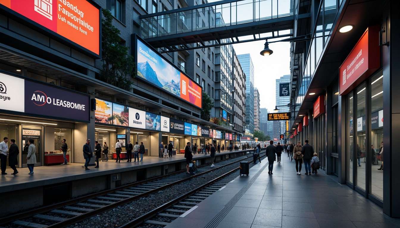 Prompt: Vibrant metropolitan atmosphere, bustling train platforms, sleek modern signage, LED displays, dynamic digital screens, wayfinding systems, clear navigation directions, futuristic font styles, bright color schemes, stainless steel fixtures, glass enclosures, urban landscape, morning rush hour, soft natural lighting, shallow depth of field, 3/4 composition, panoramic view, realistic textures, ambient occlusion.