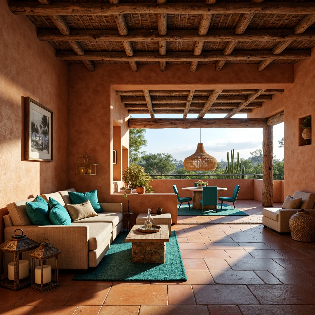 Prompt: Adobe-style adobe walls, rustic wooden beams, earthy terracotta floors, vibrant turquoise accents, distressed metal lanterns, woven rattan shades, pendant lights with natural linen shades, warm candlelight ambiance, soft warm glow, ambient occlusion, shallow depth of field, 3/4 composition, panoramic view, realistic textures, Southwestern-inspired patterns, geometric motifs, desert landscape, cactus plants, hot sunny day, clear blue sky.