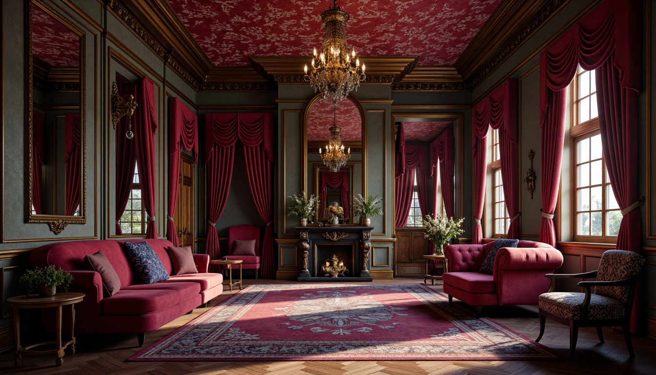 Prompt: Rich velvet fabrics, ornate gold accents, luxurious drapery, regal reds, majestic blues, opulent purples, intricate patterns, carved wooden furniture, lavish crystal chandeliers, dramatic lighting, soft warm glow, atmospheric shadows, 1/1 composition, intimate setting, realistic textures, ambient occlusion.