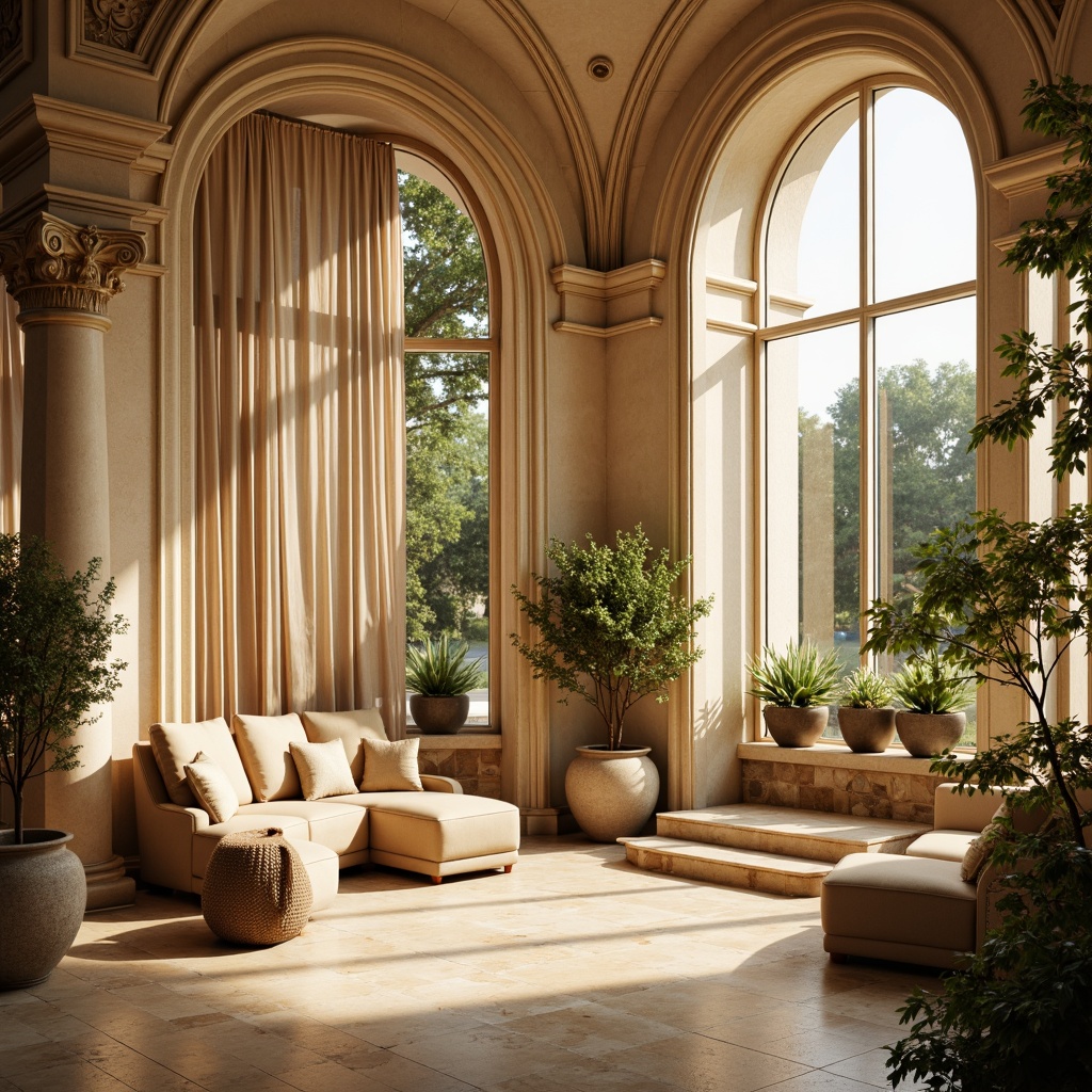 Prompt: Warm sunroom ambiance, natural stone walls, soft cream-colored stucco, ornate moldings, decorative wainscoting, subtle texture variations, earthy tone palette, elegant columns, arched windows, luxurious drapery, flowing silk fabrics, subtle sheen finishes, warm beige tones, classic ornateness, refined elegance, afternoon sunbeams, gentle shadows, shallow depth of field, 1/1 composition, realistic textures, ambient occlusion.