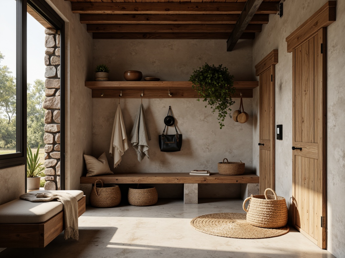 Prompt: Rustic mudroom, natural materials, reclaimed wood accents, rough-hewn stone walls, earthy tone color palette, brutalist architecture, industrial metal beams, exposed ductwork, concrete floors, raw wooden benches, woven wicker baskets, natural fiber textiles, organic shapes, warm ambient lighting, soft shadows, shallow depth of field, 2/3 composition, realistic textures, ambient occlusion.