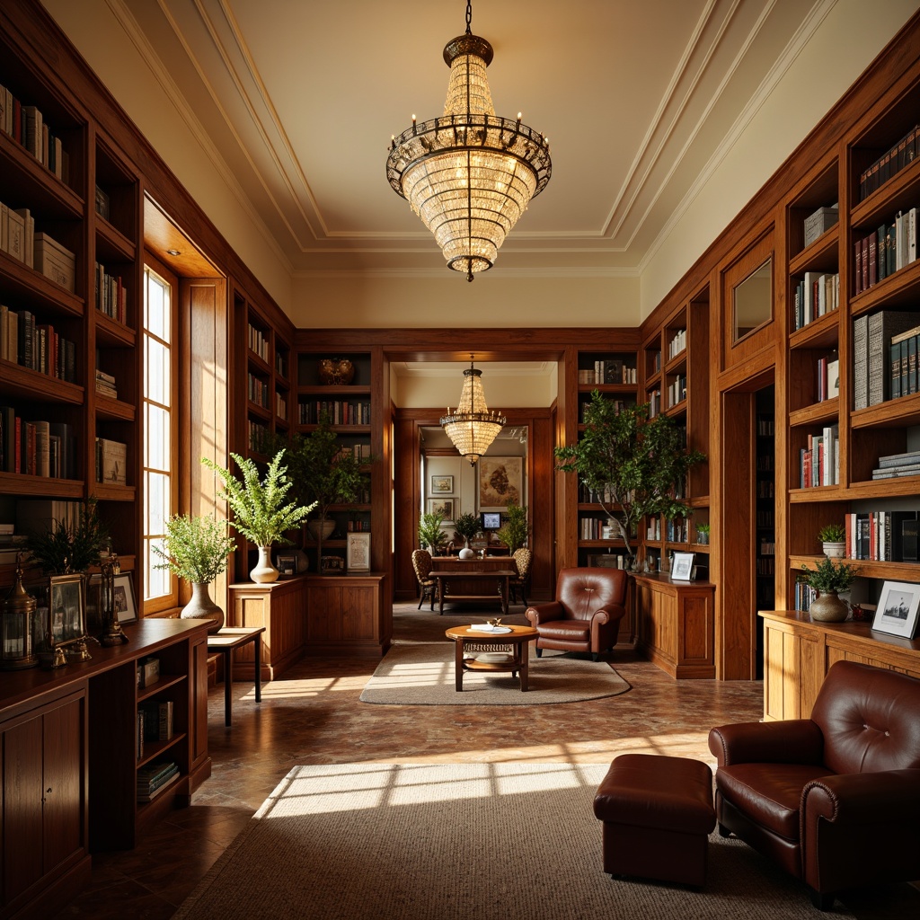 Prompt: Traditional university atmosphere, rich wood tones, warm beige walls, cream-colored ceilings, dark wooden furniture, leather-bound books, vintage metal lanterns, earthy brown rugs, classic marble accents, elegant crystal chandeliers, subtle golden lighting, shallow depth of field, 1/1 composition, symmetrical layout, realistic textures, ambient occlusion.