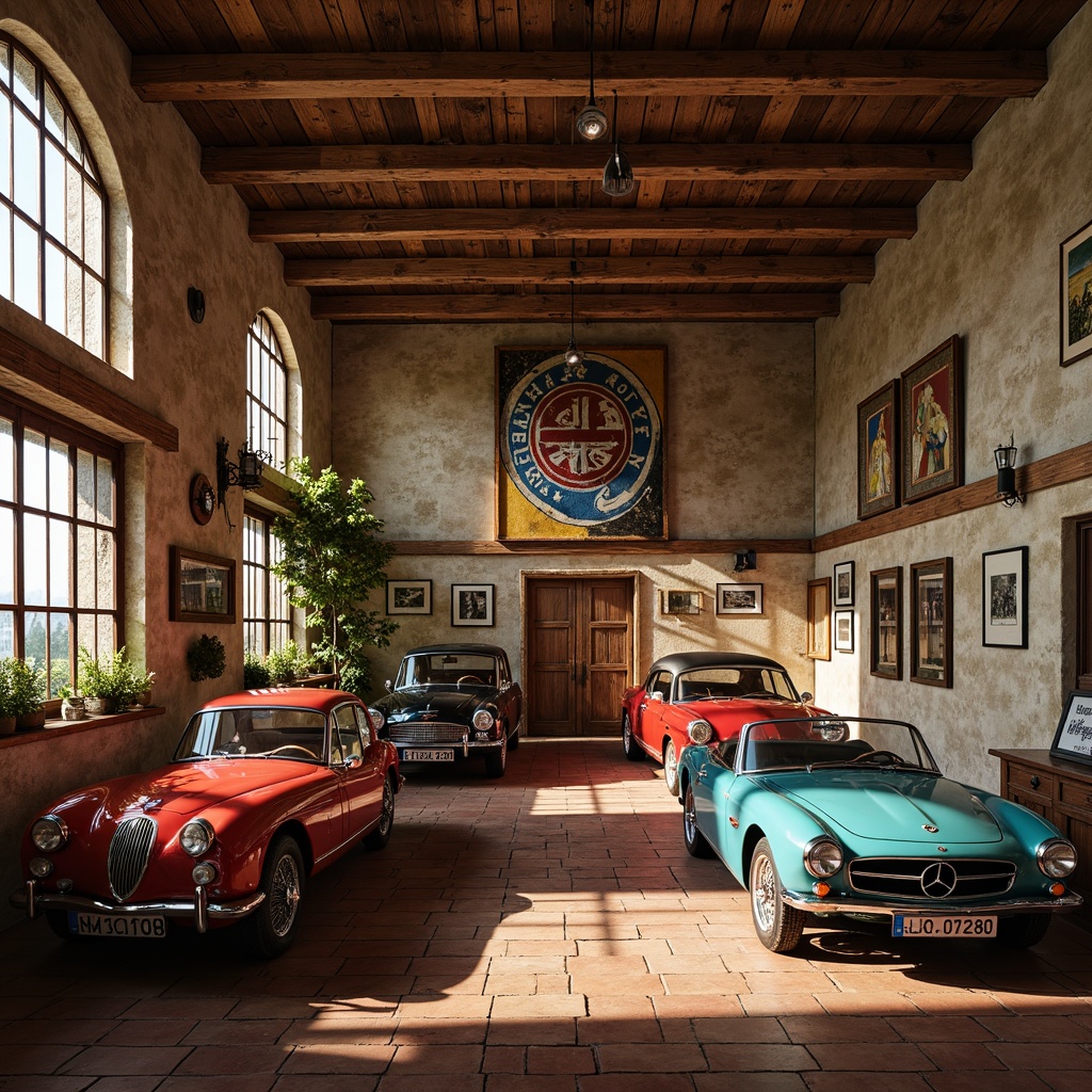 Prompt: Rustic garage, classicism style, wooden accents, distressed finishes, earthy tones, terracotta tiles, stone flooring, brick patterns, vintage car displays, nostalgic decorations, warm lighting, soft shadows, shallow depth of field, 2/3 composition, natural textures, ambient occlusion.