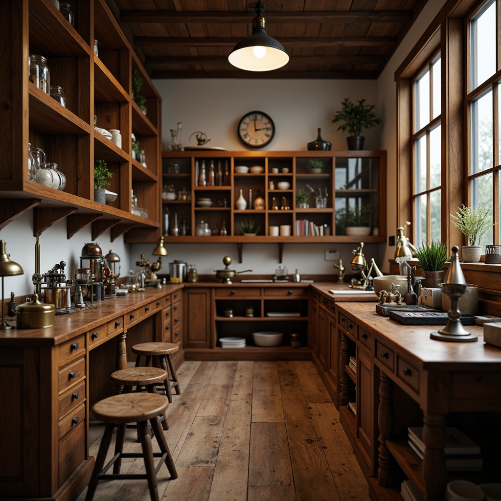 Prompt: Vintage laboratory furniture, classic wooden workbenches, polished metal equipment, antique microscopes, distressed leather stools, ornate wooden cabinets, vintage scientific instruments, classic globe lamps, rich walnut wood tones, elegant glass beakers, sophisticated pipettes, nostalgic apothecary jars, soft warm lighting, shallow depth of field, 1/1 composition, realistic textures, ambient occlusion.