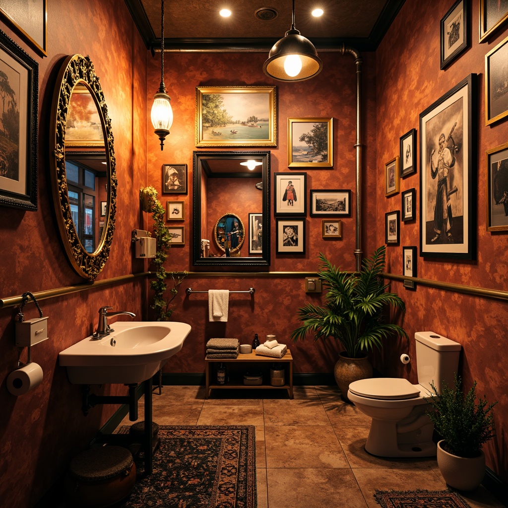 Prompt: Vibrant bathroom, bold color scheme, eclectic fixtures, ornate mirrors, abstract art pieces, sculptural lighting, exposed bulbs, metal shades, industrial pipes, distressed finishes, rich textiles, moody ambiance, warm golden glow, softbox lighting, 1/2 composition, shallow depth of field, cinematic mood, avant-garde expression.