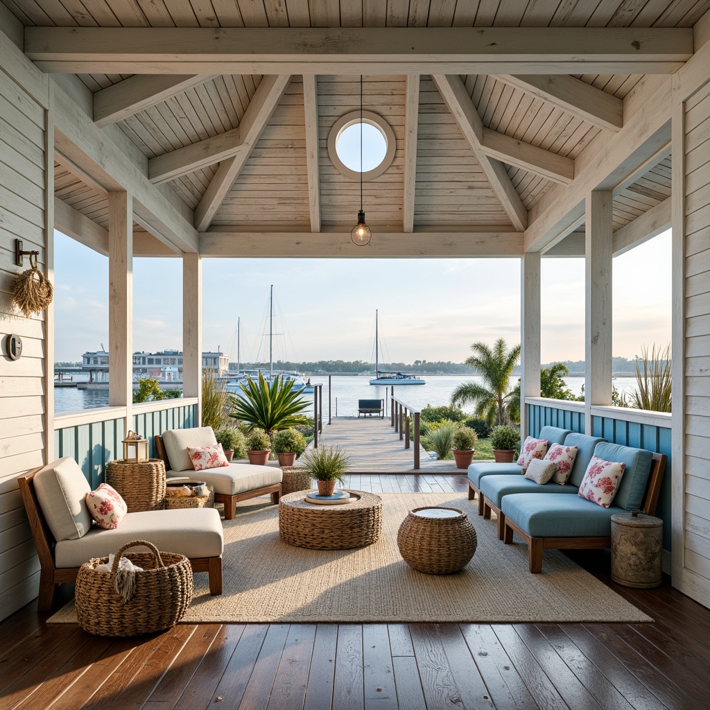 Prompt: Driftwood accents, sea-weathered stones, nautical rope details, vintage anchors, distressed wood planks, ocean-inspired color palette, soft blue hues, crisp white trim, coral patterned textiles, shell-adorned decorative pieces, natural fiber rugs, woven sea grass baskets, porthole windows, lantern-style lighting, beachy keen architecture, rustic wooden docks, sailboat-inspired furniture, sunny day, warm golden lighting, shallow depth of field, 3/4 composition, panoramic view.