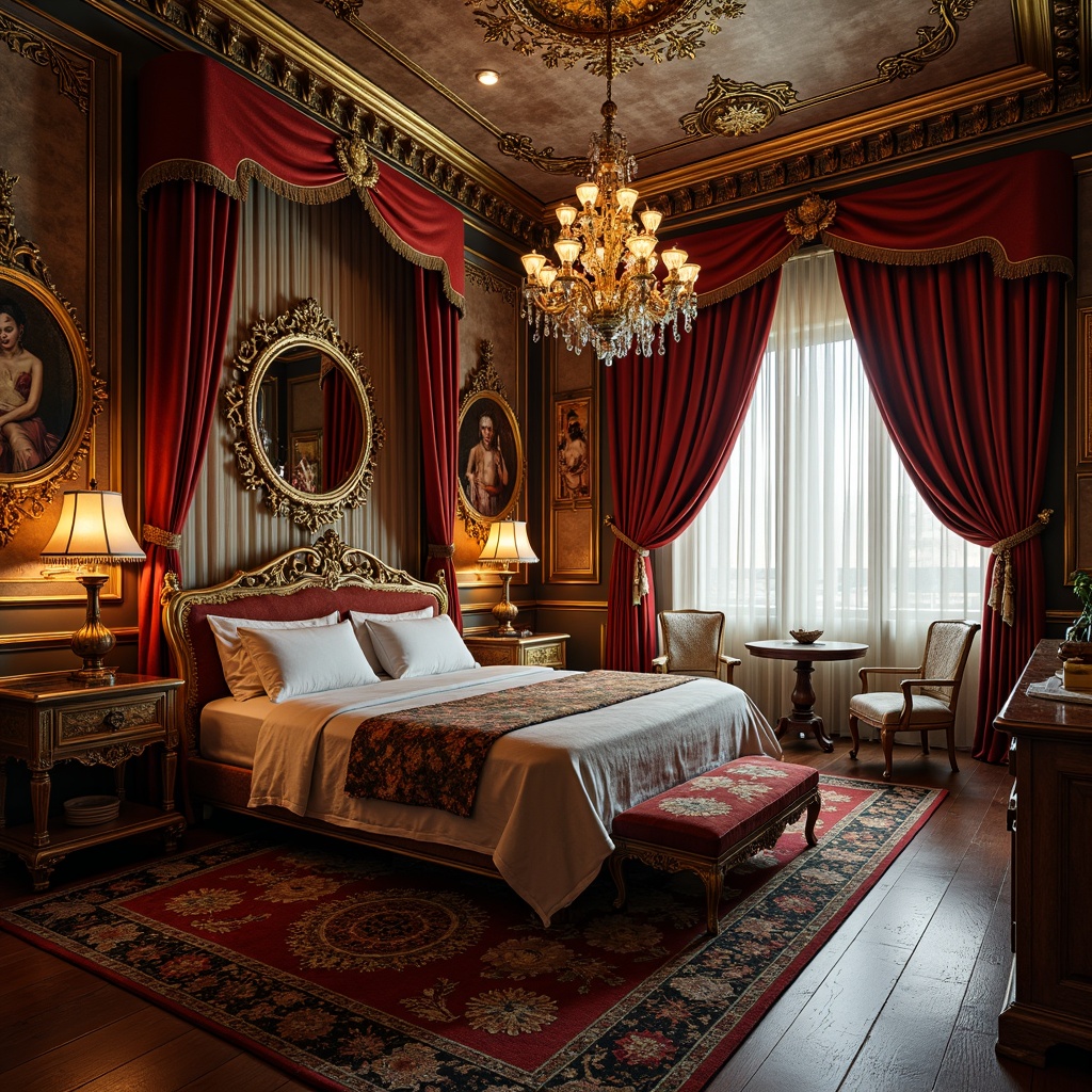 Prompt: Luxurious bedroom, rich velvet fabrics, intricate gold filigree, ornate mirrors, lavish chandeliers, carved wooden furniture, gilded accents, soft warm lighting, intimate atmosphere, plush area rugs, heavy drapery, grandiose ceiling designs, frescoed walls, Baroque-style patterns, antique furnishings, ornamental accessories, dramatic window treatments, opulent textiles, 1/1 composition, shallow depth of field, realistic textures, ambient occlusion.