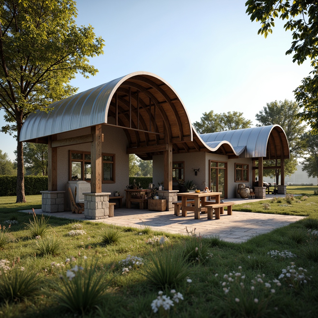 Prompt: Rustic bus station, farmhouse-style architecture, curved rooflines, corrugated metal sheets, natural stone walls, wooden accents, vintage farm tools, lush greenery, wildflowers, rural landscape, sunny day, soft warm lighting, shallow depth of field, 3/4 composition, panoramic view, realistic textures, ambient occlusion.