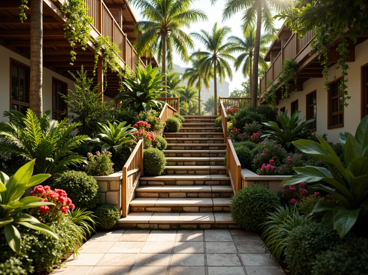 Prompt: Vibrant tropical staircase, lush greenery walls, exotic flower arrangements, wooden railings, natural stone steps, woven bamboo handrails, warm sunny lighting, shallow depth of field, 1/1 composition, realistic plant textures, ambient occlusion, rustic wooden accents, earthy color palette, tranquil ambiance, water feature sounds, misting system, tropical leaf patterns, colorful ceramic tiles.