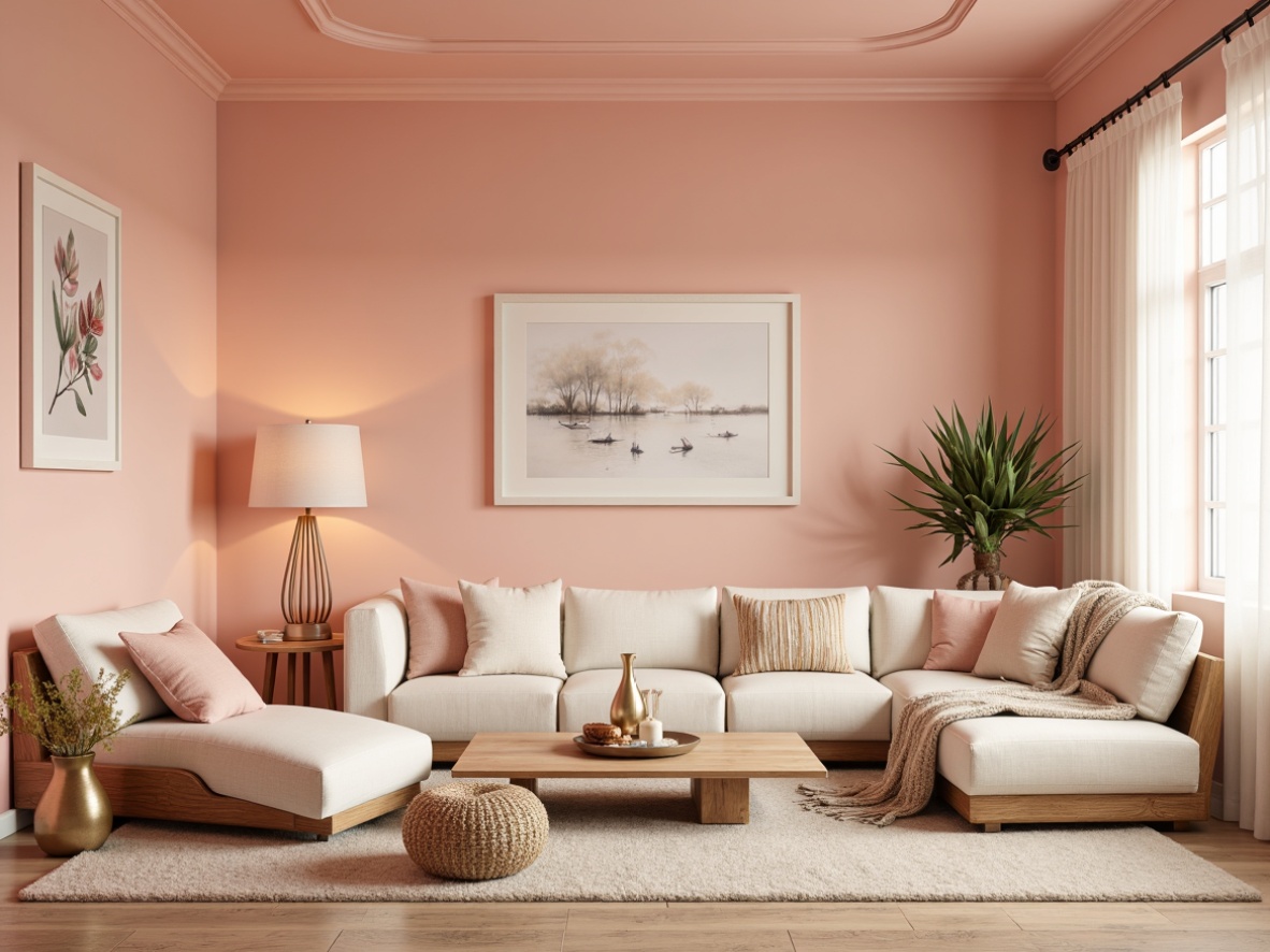 Prompt: Vibrant modern interior, pastel color scheme, soft peach walls, creamy white furniture, rich wood accents, metallic gold decor, abstract art pieces, minimal ornamentation, natural textiles, cozy throw blankets, warm floor lamps, relaxing ambiance, 1/1 composition, shallow depth of field, softbox lighting.