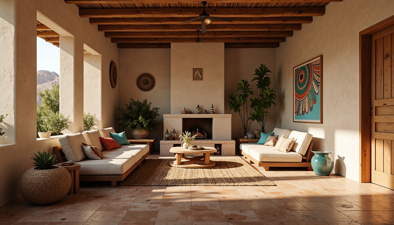 Prompt: Rustic southwestern living room, natural stone flooring, earthy terracotta tiles, woven jute rugs, plush area rugs, distressed wood accents, warm beige walls, desert-inspired color palette, vibrant turquoise accents, traditional Native American patterns, geometric shapes, warm golden lighting, soft shadows, 1/1 composition, shallow depth of field, realistic textures.