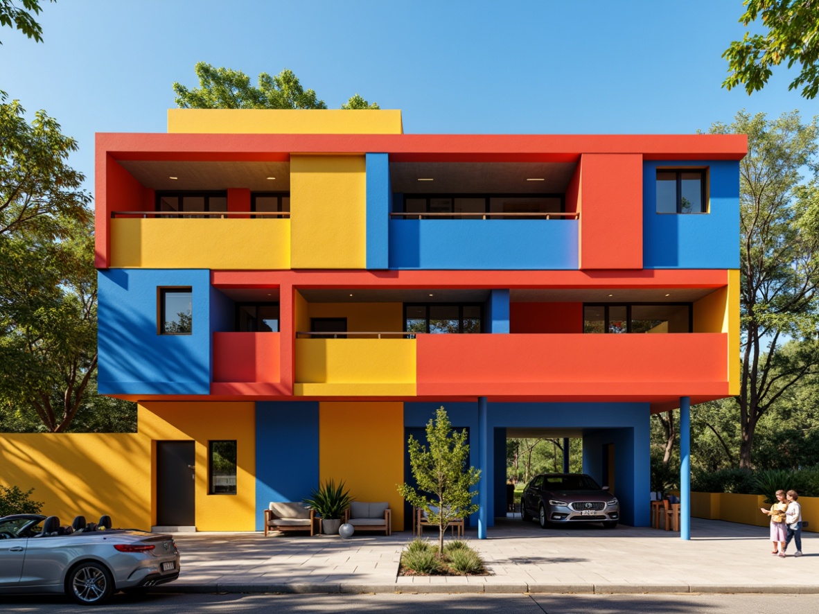 Prompt: Vibrant Bauhaus-inspired building, bold primary colors, bright red accents, deep blue tones, yellow ochre hues, geometric shapes, rectangular forms, industrial materials, raw concrete textures, metal pipes, wooden accents, minimalist decor, functional design, open floor plans, natural light, airy atmosphere, modernist architecture, abstract art pieces, graphic patterns, urban cityscape, sunny day, high contrast lighting, shallow depth of field, 2/3 composition, dramatic shadows.