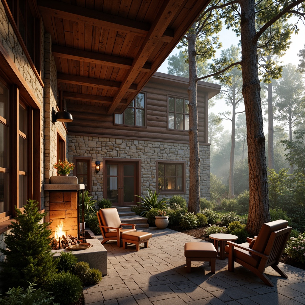 Prompt: Rustic hotel exterior, wooden log cabins, natural stone walls, earthy tones, warm lighting, cozy fireplaces, plush furnishings, vintage decor, wooden beams, exposed brick walls, distressed wood textures, worn leather armchairs, nature-inspired color palette, autumnal hues, forest surroundings, misty mornings, soft sunlight filtering through trees, 3/4 composition, shallow depth of field, realistic wood grain details.