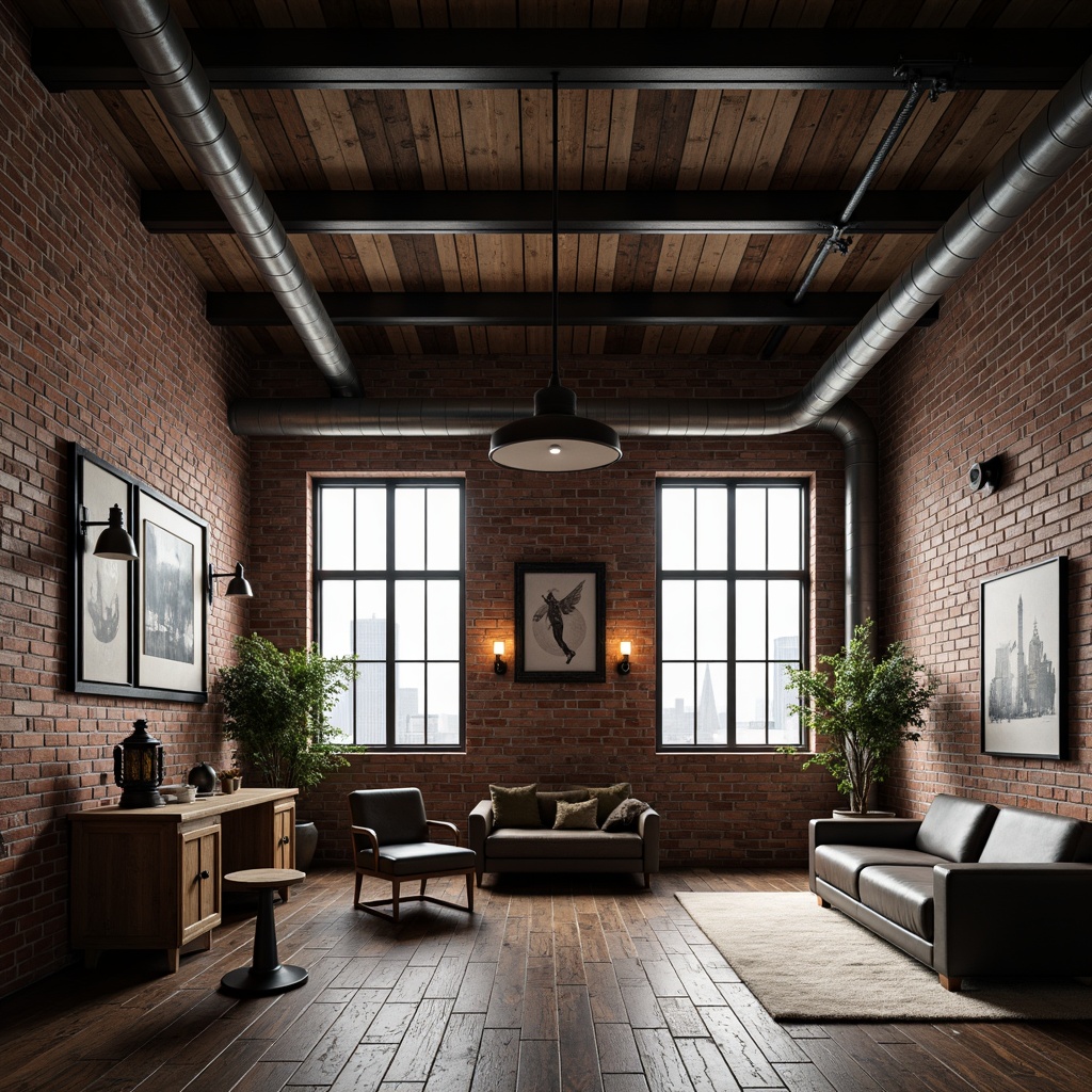 Prompt: Exposed brick walls, metal beams, reclaimed wood floors, industrial chic lighting fixtures, vintage factory windows, distressed concrete surfaces, modern minimalist decor, sleek metal accents, functional pipes, urban loft atmosphere, dramatic high ceilings, moody ambient lighting, cinematic composition, gritty textures, realistic renderings.