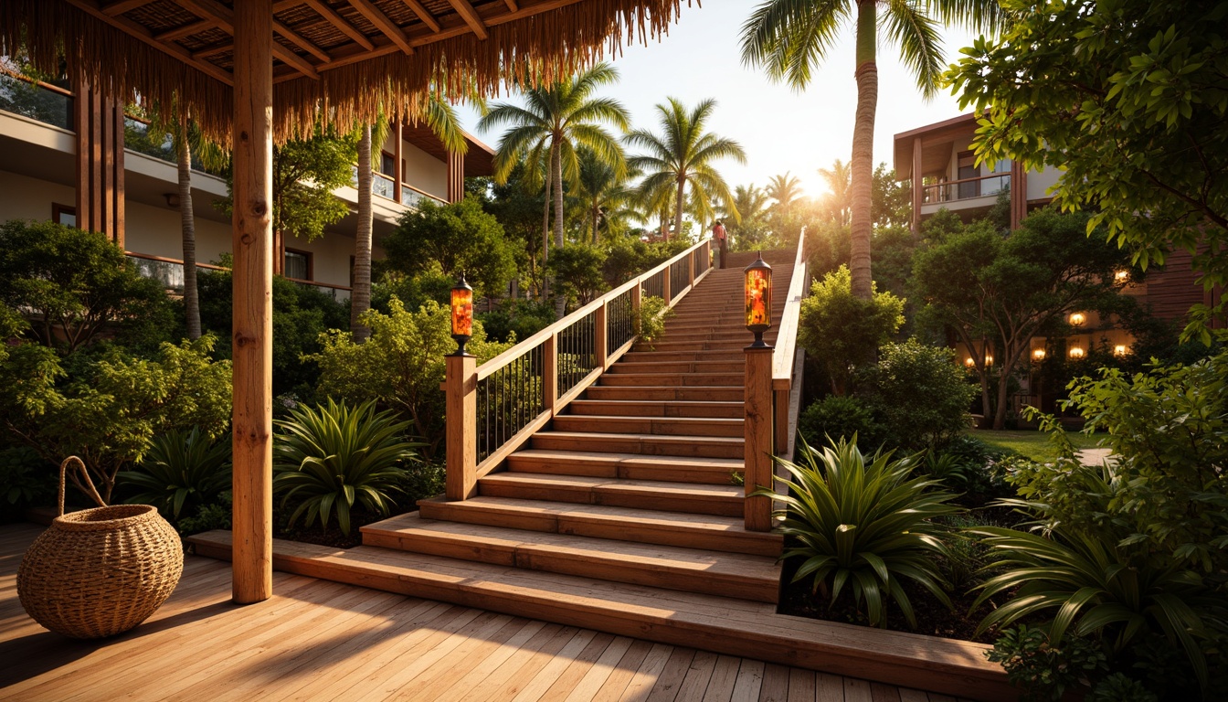 Prompt: Tropical staircase, warm golden lighting, soft ambient glow, pendant lanterns, natural rattan shades, woven bamboo accents, rustic wooden handrails, exotic greenery, palm fronds, colorful tiki torches, dramatic spotlights, LED strip lights, glossy wooden steps, open risers, minimalist metal balusters, elegant glass railings, lush floral arrangements, sunny day, warm white light, 1/2 composition, shallow depth of field.