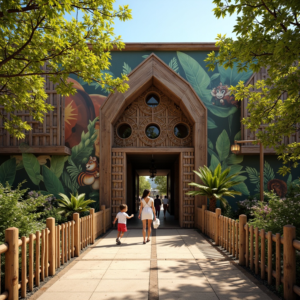 Prompt: Whimsical zoo entrance, rustic wooden fencing, vibrant animal murals, playful jungle patterns, textured stone walls, earthy tones, natural fiber textiles, woven bamboo accents, leaf-inspired motifs, adventurous atmosphere, warm sunny day, soft warm lighting, shallow depth of field, 1/1 composition, realistic textures, ambient occlusion.