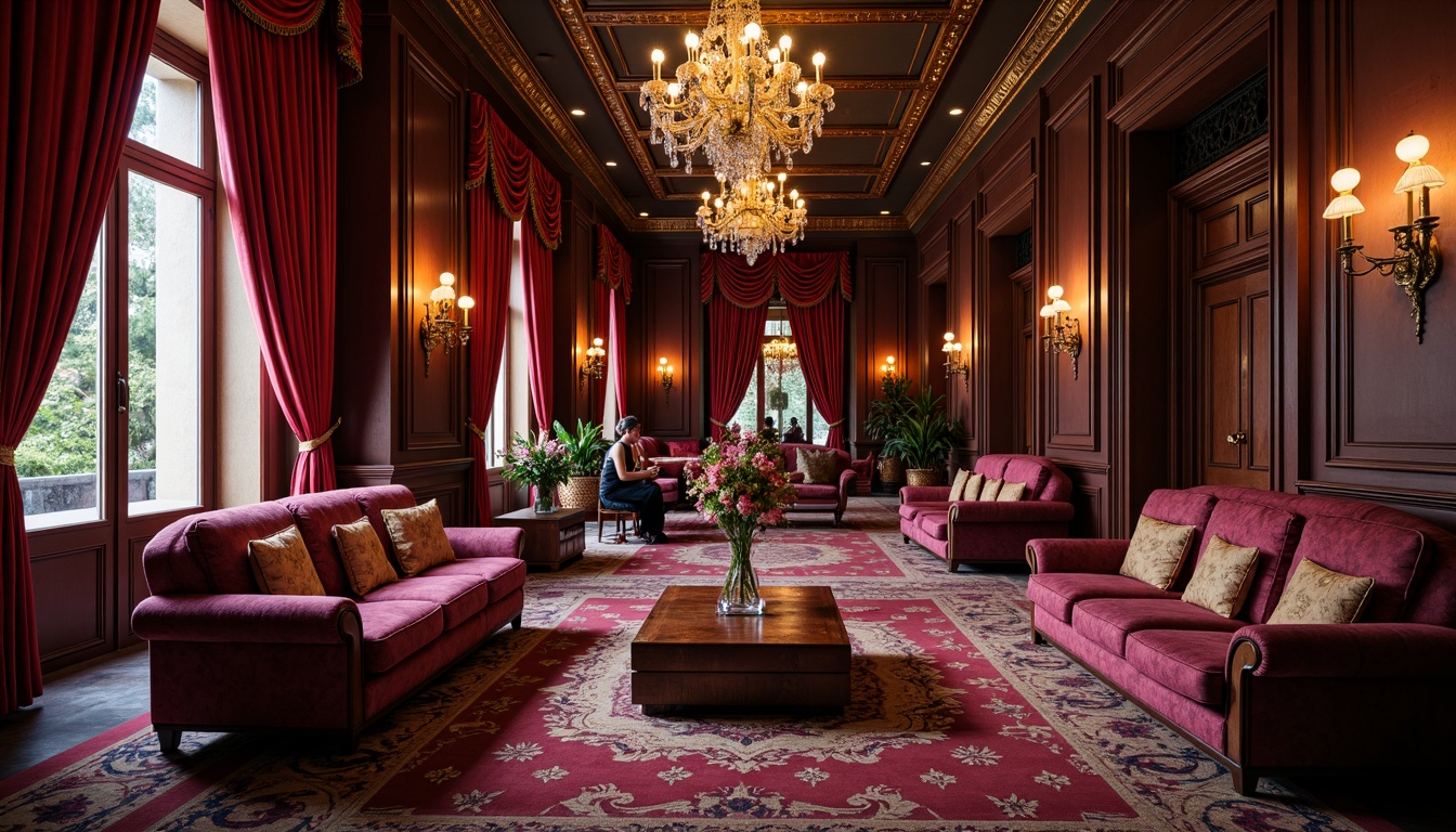 Prompt: Velvety red drapes, intricately patterned brocade fabrics, ornate golden embroidery, rich silk upholstery, lavish crystal chandeliers, opulent tufted sofas, regal purple hues, ornamental metal accents, distressed leather armchairs, luxurious velvet pillows, majestic carved wood panels, grandiose marble floors, dramatic coved ceilings, warm candlelight ambiance, soft focus photography, cinematic composition.