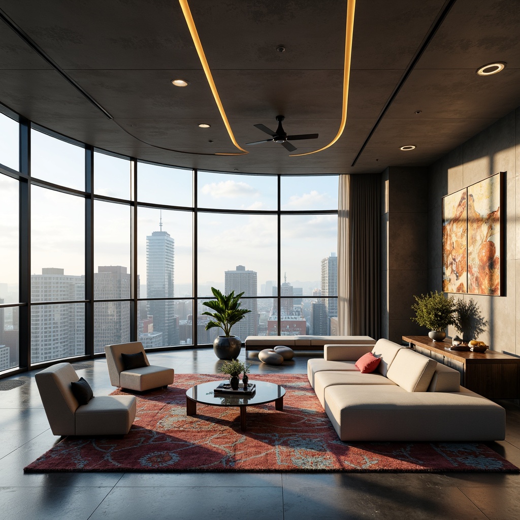 Prompt: Luxurious penthouse interior, open-plan living area, floor-to-ceiling windows, cityscape views, futuristic minimalist design, sleek metal accents, polished concrete floors, avant-garde lighting fixtures, curved lines, spacious atmosphere, panoramic vistas, soft warm glow, shallow depth of field, 1/1 composition, realistic reflective surfaces, ambient occlusion, modern furniture designs, plush area rugs, vibrant colorful artwork, intricate geometric patterns.