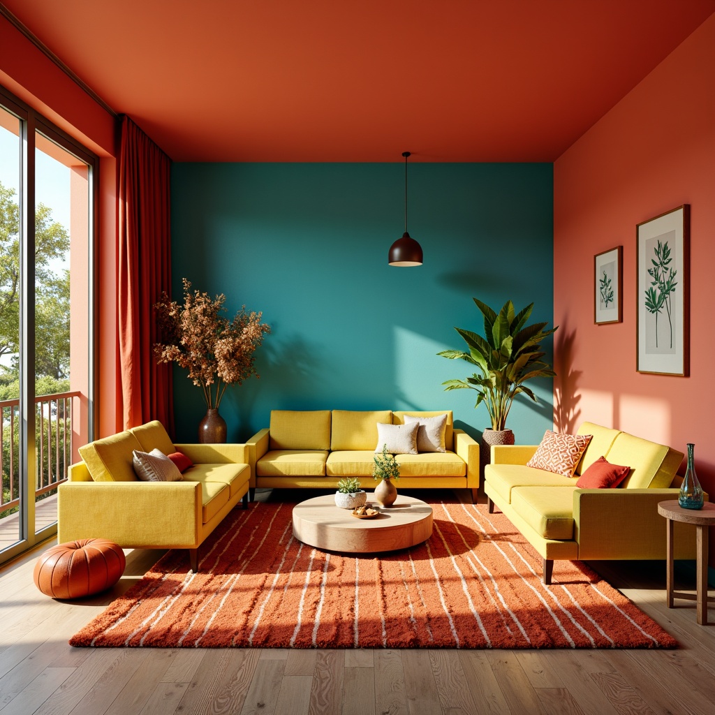 Prompt: Vibrant living room, bold coral walls, turquoise accents, sunny yellow furniture, plush orange rugs, natural wood floors, modern minimalist decor, geometric patterned textiles, lush greenery, warm golden lighting, shallow depth of field, 3/4 composition, panoramic view, realistic textures, ambient occlusion.