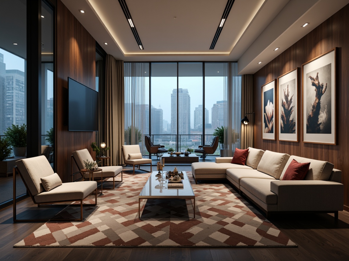 Prompt: Sleek low-profile sofas, minimalist coffee tables, curved chrome legs, polished marble tops, geometric-patterned rugs, velvety smooth sectional couches, reclined ergonomic chairs, wall-mounted ambient lighting, floor-to-ceiling windows, urban cityscape views, modern abstract art pieces, industrial-chic metal accents, rich walnut wood tones, luxurious silk fabrics, subtle texture contrasts, atmospheric misty ambiance, cinematic 2.5D composition, softbox lighting effects, photorealistic reflections.