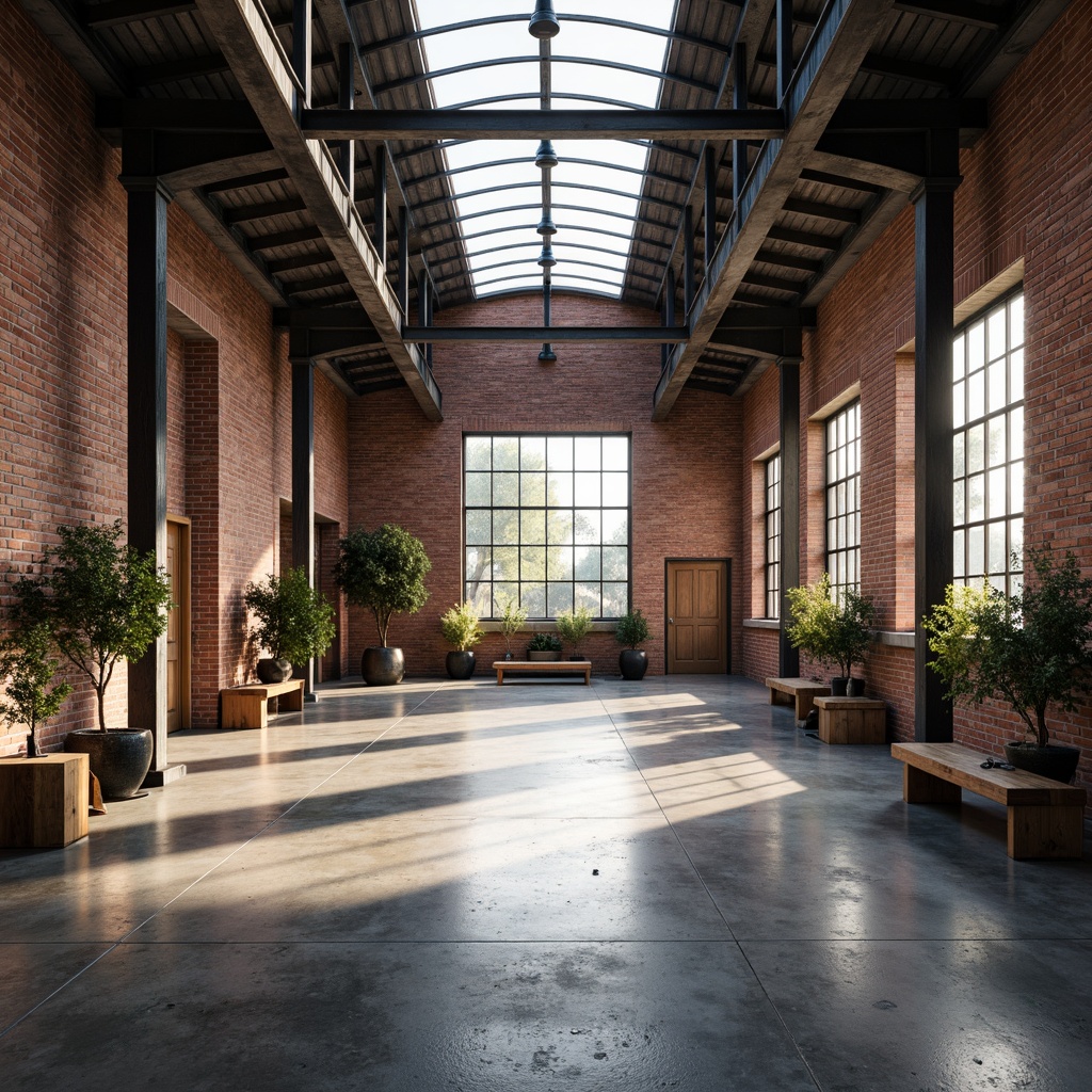 Prompt: Industrial warehouse interior, exposed brick walls, polished concrete floors, high ceilings, large skylights, clerestory windows, natural light pouring in, rustic metal beams, reclaimed wood accents, minimal decor, functional lighting, open space, flexible layout, modern industrial chic, warm ambient glow, soft shadows, shallow depth of field, 1/2 composition, realistic textures, ambient occlusion.