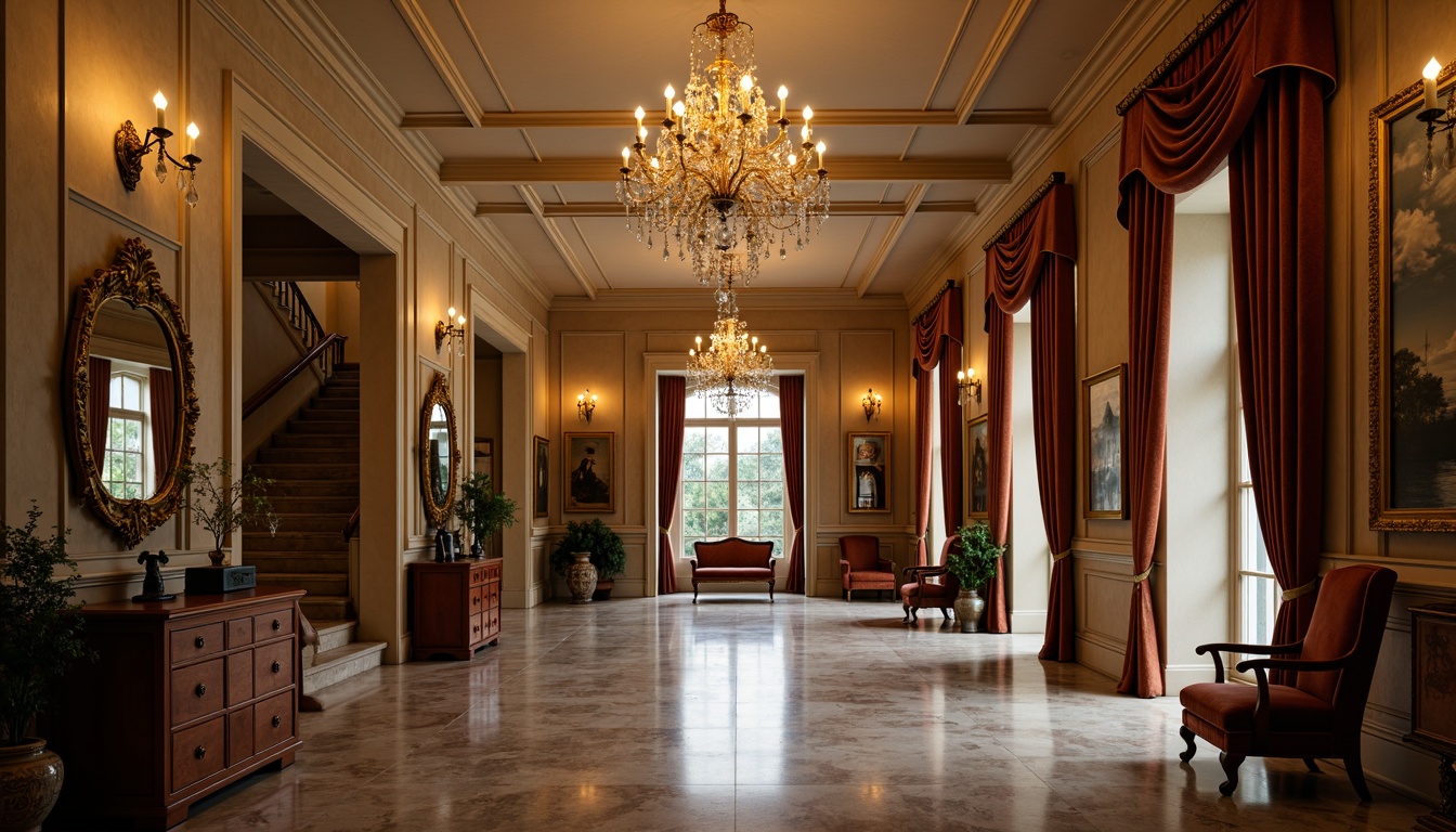 Prompt: Elegant hallway, ornate chandeliers, crystal droplets, refined bronze fixtures, subtle warm glow, soft shadowing, traditional European-style architecture, high ceilings, grand staircases, marble flooring, intricate moldings, luxurious fabrics, velvet drapes, gilded frames, classic oil paintings, rich wood tones, sophisticated ambiance, warm beige walls, ornate mirrors, subtle scent of old books, dramatic vertical composition, realistic reflections, ambient occlusion.