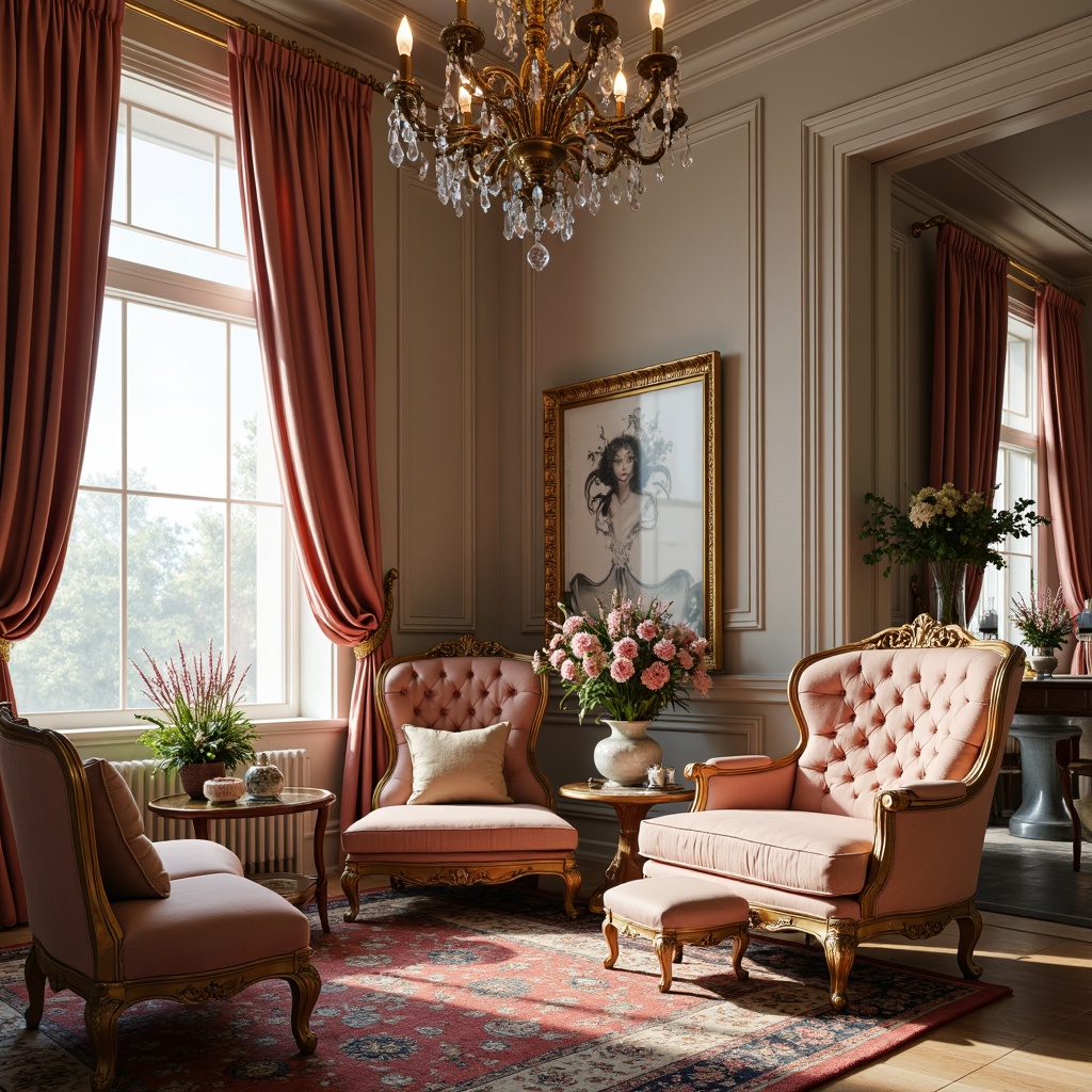 Prompt: Luxurious boudoir, velvet drapes, ornate gold frames, delicate porcelain vases, intricately carved wooden furniture, soft silk upholstery, lavish crystal chandeliers, richly patterned rugs, marble floors, ornamental mirrors, pastel color palette, whimsical floral arrangements, subtle sheen, warm candlelight, shallow depth of field, 1/1 composition, realistic textures, ambient occlusion.