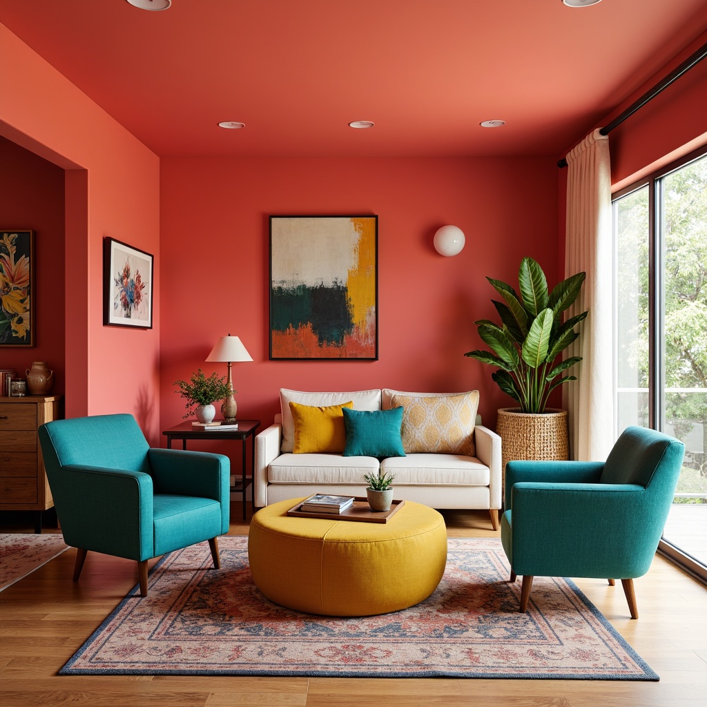 Prompt: Vibrant living room, bold color scheme, bright coral walls, turquoise accent chairs, yellow ottoman, patterned rugs, natural wood flooring, modern minimalist decor, floor-to-ceiling windows, abundant natural light, warm cozy ambiance, softbox lighting, shallow depth of field, 1/1 composition, realistic textures, ambient occlusion.