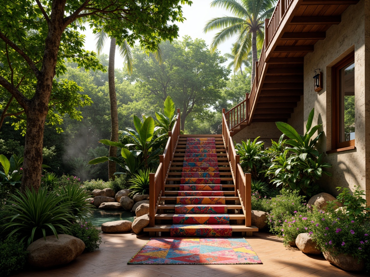 Prompt: Vibrant tropical staircase, lush greenery, exotic plants, natural stone walls, wooden handrails, rustic metal accents, warm ambient lighting, shallow depth of field, 3/4 composition, panoramic view, realistic textures, ambient occlusion, flowing water features, misting systems, colorful textiles, intricate geometric motifs, woven bamboo details, tropical hardwood floors, climbing vines, blooming flowers, palm trees, soft warm breeze.