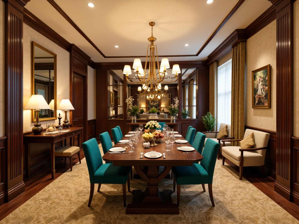 Prompt: Luxurious dining room, rich wood tones, dark walnut flooring, cream-colored walls, soft golden lighting, elegant chandelier, plush velvet upholstery, vibrant turquoise accents, metallic bronze hardware, ornate mirrors, lavish curtains, sophisticated artwork, warm beige carpeting, inviting atmosphere, shallow depth of field, 1/2 composition, realistic textures, ambient occlusion.