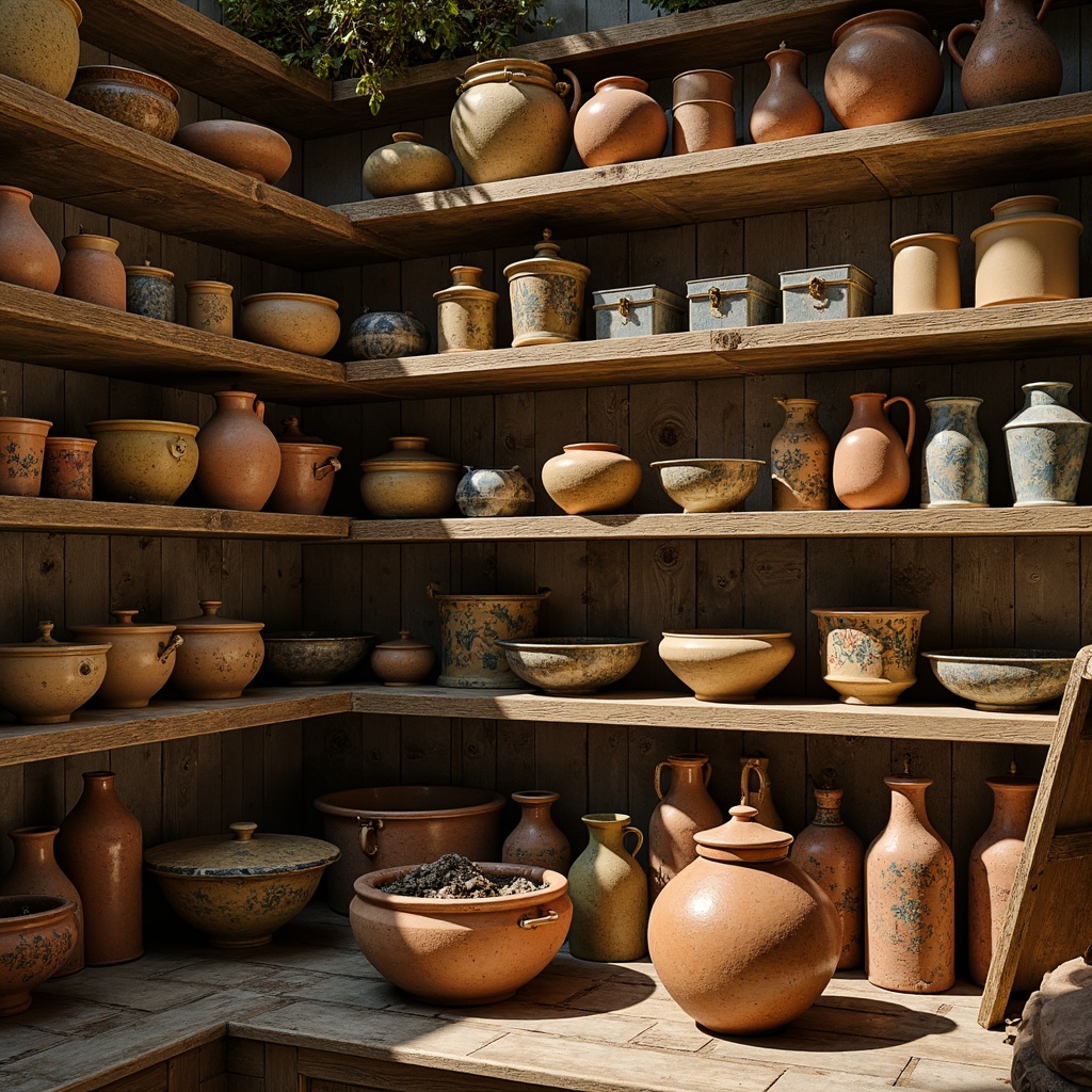 Prompt: Vintage pantry, distressed wooden shelves, rusty metal containers, worn-out ceramic jars, earthy terracotta pots, faded floral patterns, warm golden lighting, soft focus, shallow depth of field, 1/2 composition, realistic textures, ambient occlusion, expressionist brushstrokes, bold color palette, thick heavy strokes, impasto techniques.