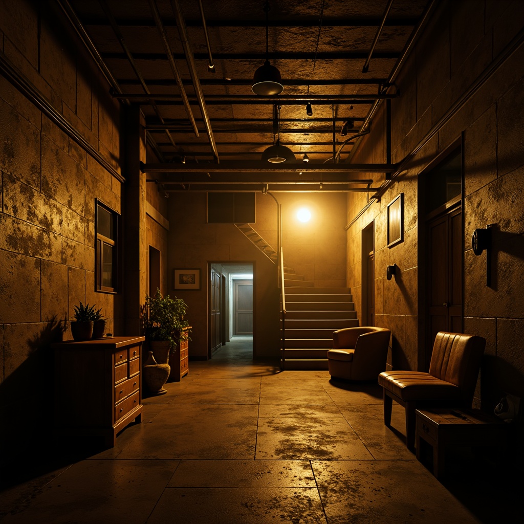 Prompt: Moody basement atmosphere, dimly lit spaces, warm golden lighting, eerie shadows, exposed brick walls, industrial metal beams, distressed wood accents, vintage furniture pieces, mysterious corridors, narrow staircases, low ceilings, dramatic spotlights, soft warm glow, high contrast ratios, cinematic composition, intense color grading, ominous ambient sounds.