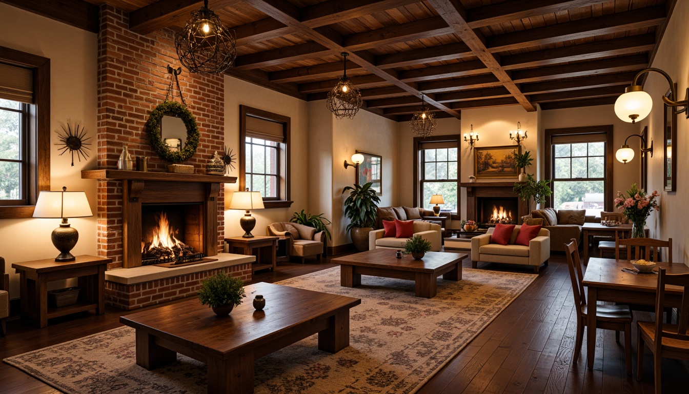 Prompt: Warm traditional community space, wooden beam ceilings, rustic brick walls, cozy fireplaces, vintage furnishings, ornate mirrors, classic chandeliers, pendant lanterns, metal sconces, distressed wood accents, earthy color palette, soft warm lighting, table lamps, floor lamps, candlelight ambiance, comfortable seating areas, natural textiles, woven baskets, decorative ceramics, traditional artwork, rich wood tones, inviting atmosphere.