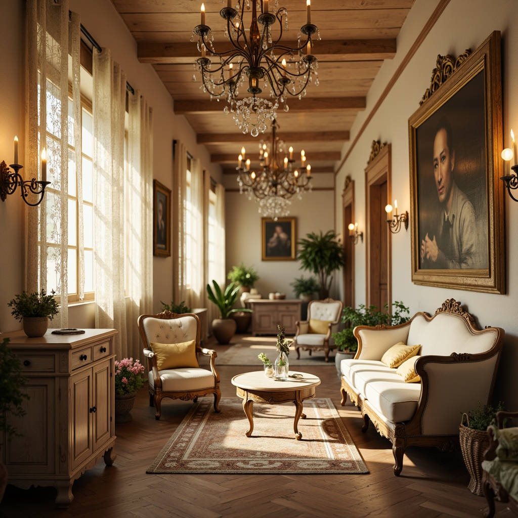 Prompt: Vintage distressed furniture, soft warm beige tones, rustic wooden floors, elegant chandeliers, crystal droplets, delicate candlelight, warm golden lighting, romantic ambiance, ornate metal fixtures, lace curtains, floral patterns, pastel color palette, subtle shading, 1/2 composition, shallow depth of field, realistic textures, ambient occlusion.