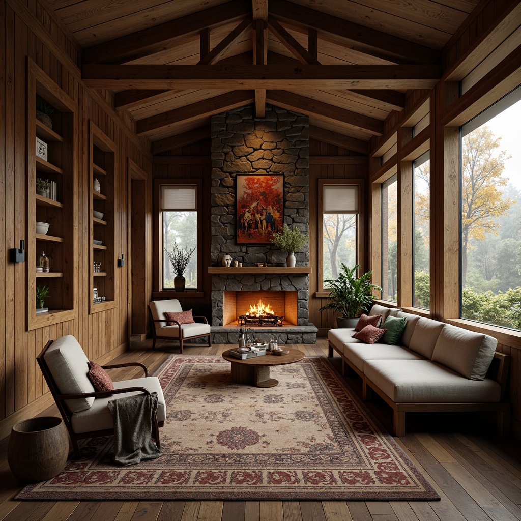 Prompt: Cozy cabin, wooden accents, distressed finishes, vintage decorations, earthy tones, natural textures, stone fireplaces, plush furnishings, warm lighting, autumn leaves, forest surroundings, misty mornings, soft focus, shallow depth of field, 1/2 composition, intimate atmosphere, organic shapes, weathered wood, metal adornments.