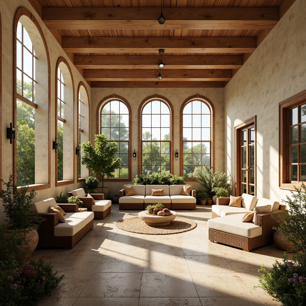 Prompt: Warm sunroom, classicism style, natural stone walls, creamy white stucco, ornate wooden trim, elegant crown molding, soft warm lighting, large windows, sliding glass doors, lush greenery, blooming flowers, comfortable seating areas, plush furniture, rich textiles, subtle patterns, warm beige colors, earthy tones, rustic accents, traditional architecture, symmetrical composition, 1/1 aspect ratio, shallow depth of field, realistic textures, ambient occlusion.