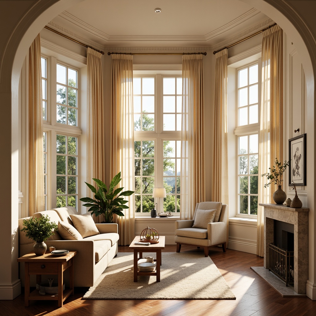 Prompt: Warm sunroom interior, classicism style, creamy white walls, ornate moldings, decorative trim, soft natural light, large windows, elegant window treatments, flowing drapery, subtle sheen fabrics, warm beige tones, rich wood accents, polished hardwood floors, traditional furnishings, plush area rugs, inviting ambiance, gentle color palette, 1/1 composition, soft focus blur, warm golden lighting.