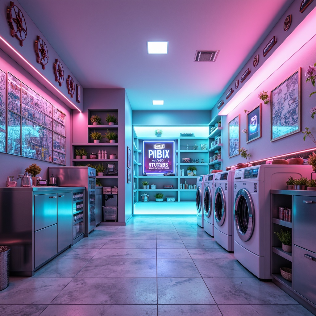 Prompt: Futuristic laundry room, sleek metallic surfaces, neon-lit washing machines, glowing blue lights, iridescent accents, holographic displays, retro-futuristic color scheme, pastel pink and turquoise hues, bold geometric patterns, minimalist design, high-tech gadgets, stainless steel countertops, glass shelves, ambient LED lighting, soft misting effects, 3D-printed decorative elements, vibrant neon signs, cyberpunk-inspired atmosphere.