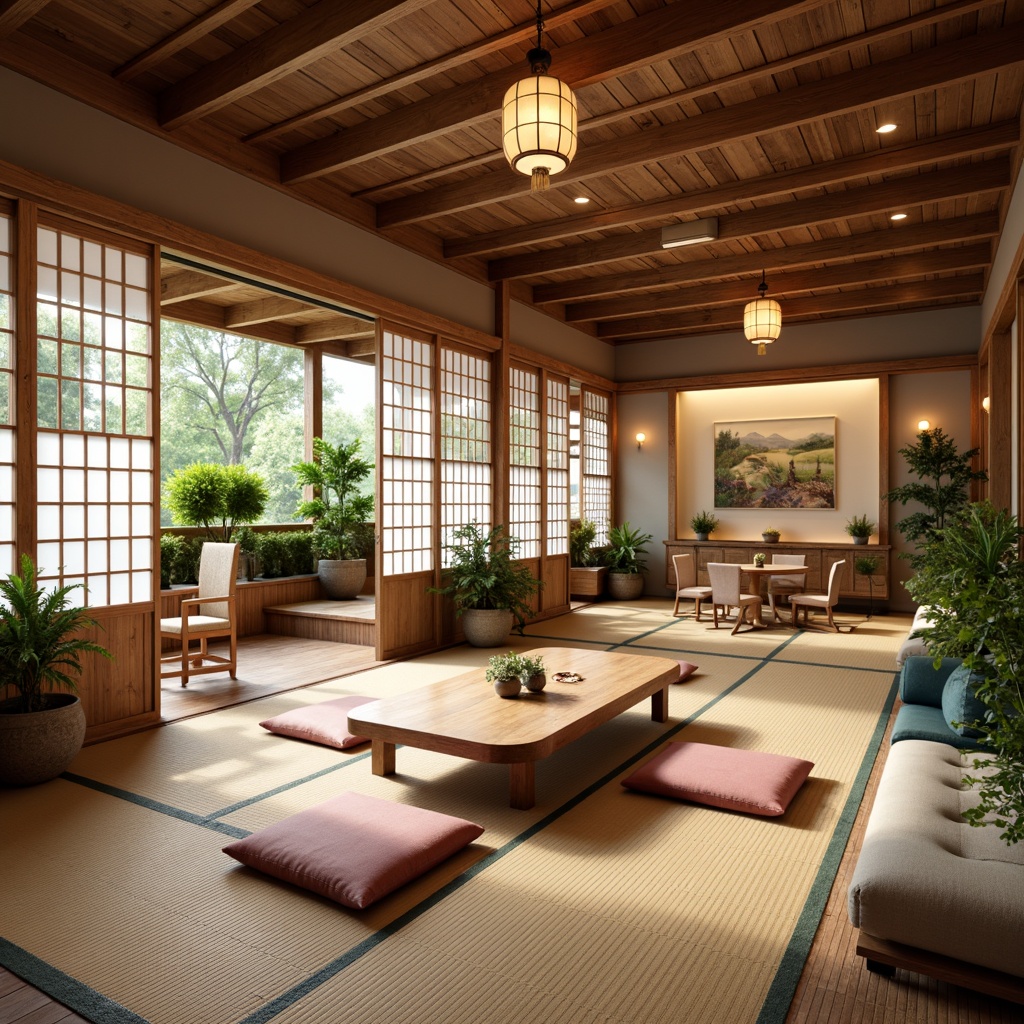 Prompt: Traditional Japanese tatami mats, natural wood accents, paper lanterns, sliding shoji screens, minimalist desks, ergonomic chairs, cultural-inspired artwork, vibrant green plants, warm soft lighting, shallow depth of field, 3/4 composition, panoramic view, realistic textures, ambient occlusion, collaborative workspaces, modular furniture, acoustic panels, sound-absorbing materials, modern technology integration, sleek metal fixtures, bold colorful accents, dynamic spatial flow.