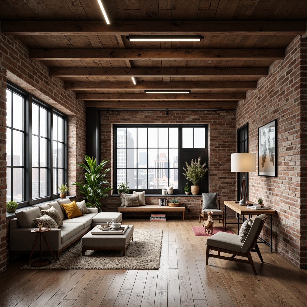 Prompt: Industrial-chic loft interior, exposed wooden beams, rustic metal accents, reclaimed wood flooring, brick walls, urban windows, cozy reading nooks, modern minimalist furniture, eclectic art pieces, natural textiles, earthy color palette, warm ambient lighting, shallow depth of field, 1/1 composition, realistic renderings, soft focus effect.