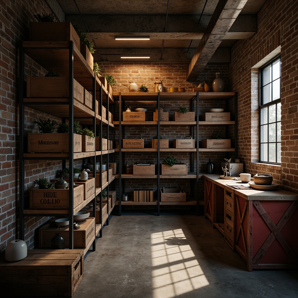 Prompt: Industrial storage room, metal shelving units, wooden crates, dim warm lighting, soft shadows, earthy tones, rusty red accents, weathered wood textures, distressed metal finishes, urban loft atmosphere, exposed brick walls, concrete floors, minimalist decor, functional design, cozy nooks, ambient occlusion, shallow depth of field, 3/4 composition, realistic render.